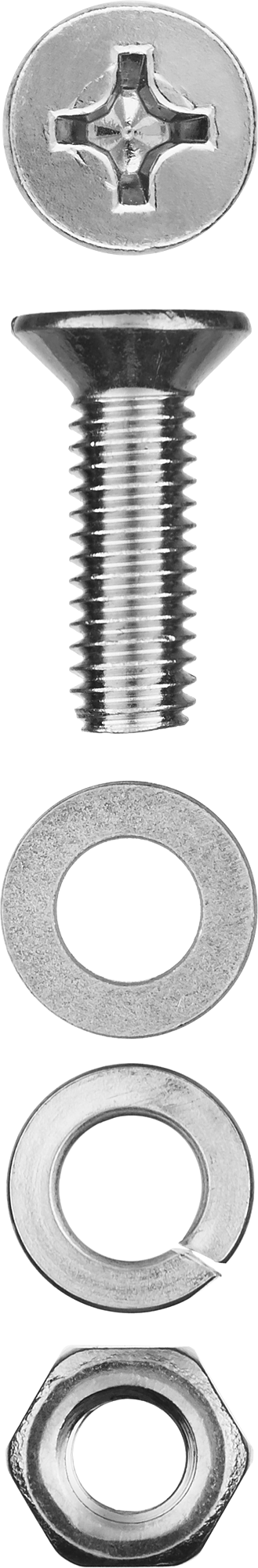 Винт (DIN965) с потайной головкой в комплекте с гайкой (DIN934), шайбой (DIN125), шайбой пруж. (DIN127) Зубр 303456-05-020, М5, 2 см, 965 DIN, 5 мм, оцинкованная сталь, 16 шт., фасовка (303456-05-020)