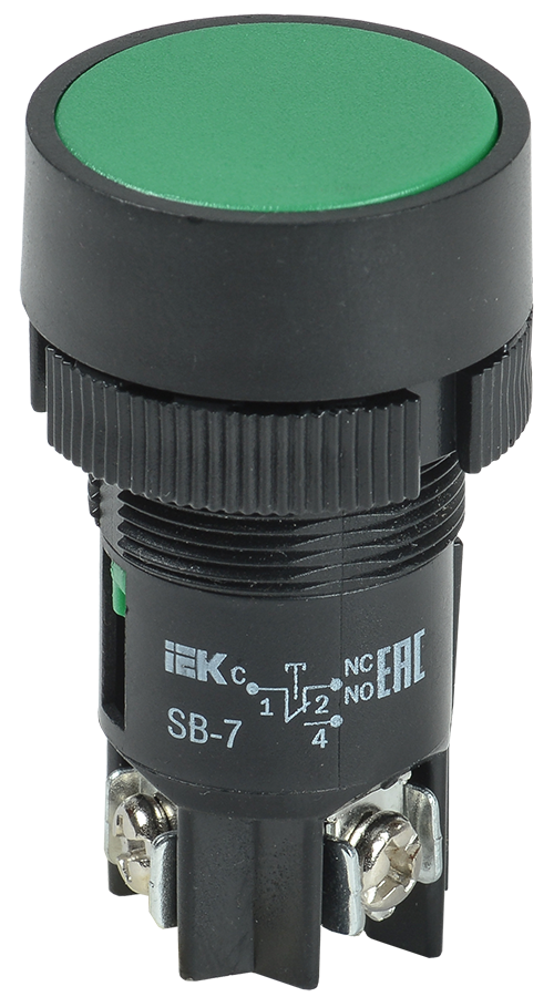 Кнопка плоская без фиксации 22 мм, 1NO 1NC, зеленый, IEK SВ-7 (BBT40-SB7-K06)