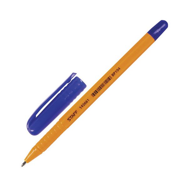Ручка шариковая STAFF, СИНЯЯ, шестигранная, корпус оранжевый, узел 1 мм, линия письма 0,5 мм, BP104, (100 шт.)