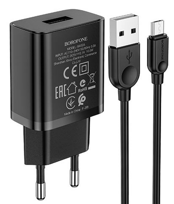 Сетевое зарядное устройство Borofone BA52A Gamble 10W, 1USB, 2.1A, черный, кабель microUSB