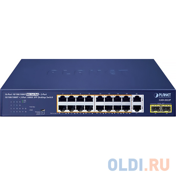 PLANET GSD-2022P 16-Port 10/100/1000T 802.3at PoE + 2-Port 10/100/1000T + 2-Port 1000X SFP Unmanaged Gigabit Ethernet Switch (185W PoE Budget, Standar