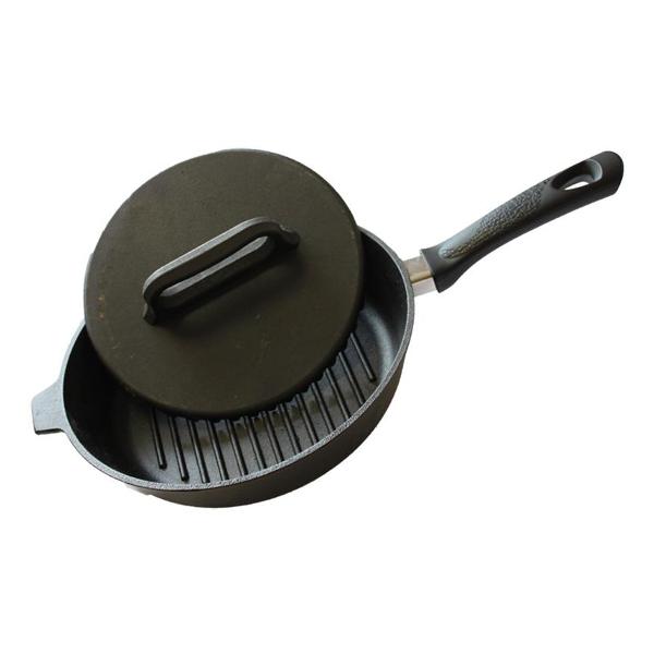 Сковорода-гриль Камская посуда 28 см, чугун, антипригарное покрытие, черный с крышкой (Г8063)