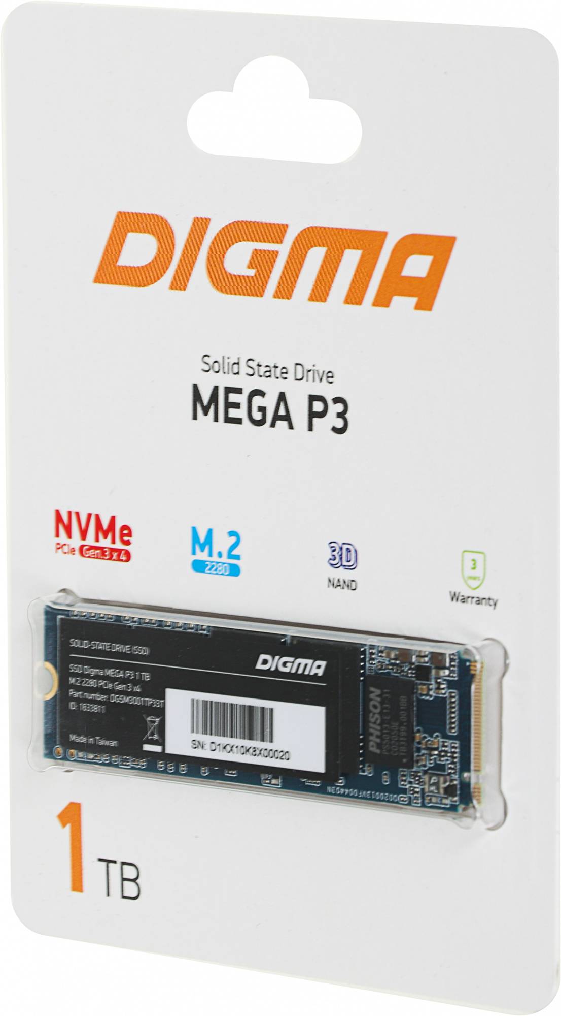 Твердотельный накопитель Digma Mega P3 1024ГБ, M.2 2280, PCI-E 3.0 x4, M.2 DGSM3001TP33T