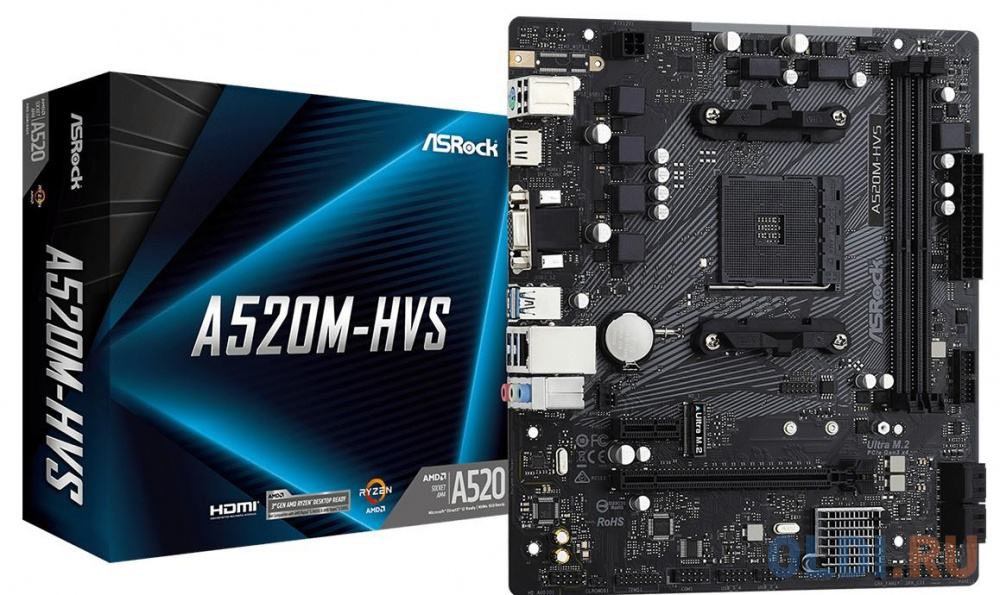 Материнская плата ASRock A520M-HVS Socket AM4 AMD A520 2xDDR4 1xPCI-E 16x 1xPCI-E 1x 4 mATX Retail в Москвe