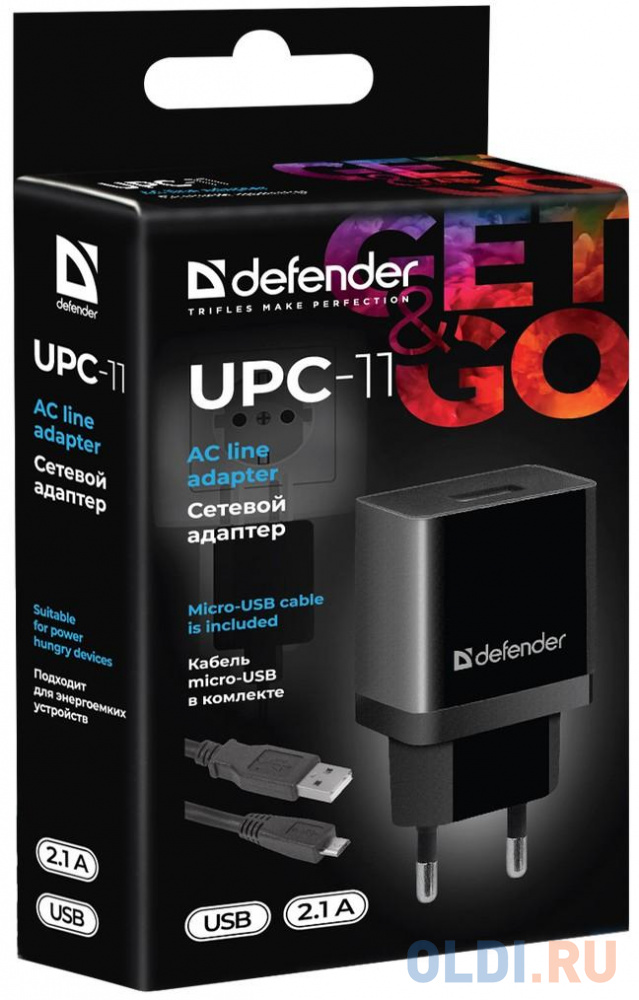 Сетевой адаптер Defender UPC-11 1xUSB,5V/2.1А,кабель micro-USB