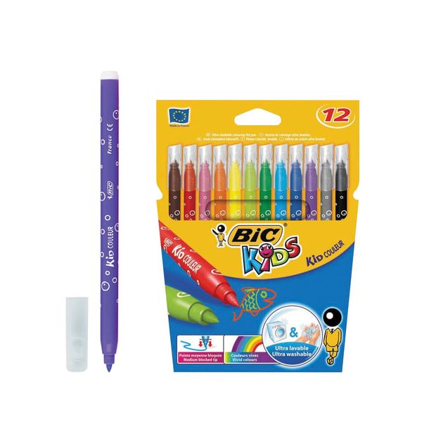 Фломастеры BIC Kid Couleur, 12 цветов, суперсмываемые, вентилируемый колпачок, европодвес, 9202932