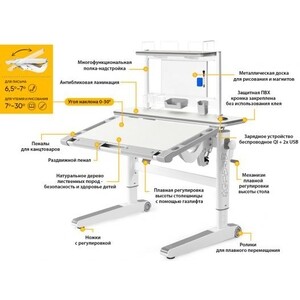 Парта трансоформер Mealux Ergowood - L Multicolor с полкой, столешница беленый дуб, накладки на ножках серые (BD-810 TG/MC Energy + BD P-17 TG)