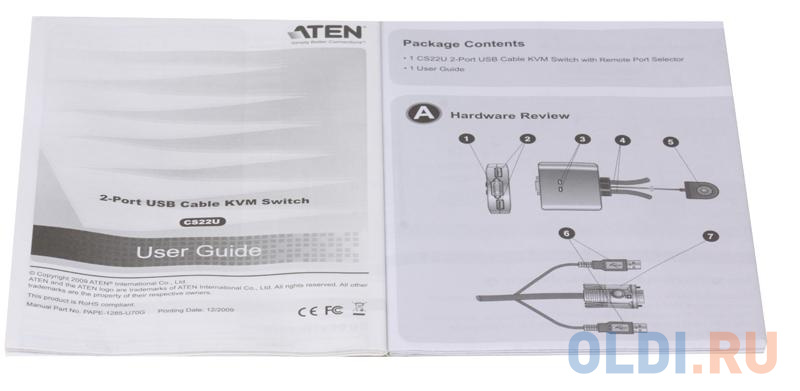 Переключатель KVM ATEN USB+VGA = 2 cpu USB+VGA, 2048x1536, настол., исп.стандарт.шнуры, без OSD (CS22U-A7|)