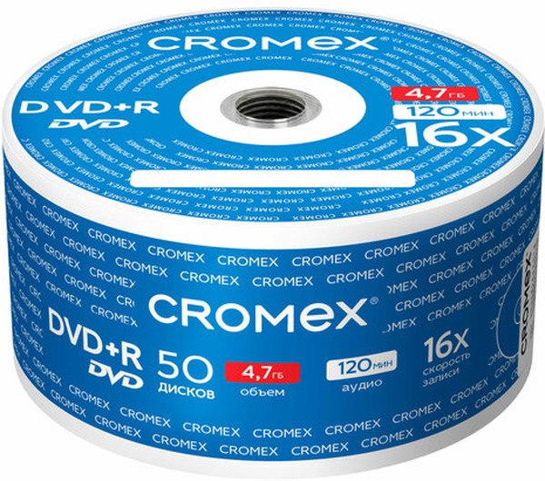 Диск CROMEX DVD+R, 4.7Gb, 16x, Bulk, 50 шт, Printable (513774)