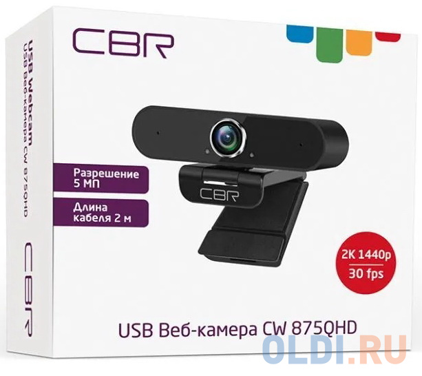 CBR CW 875QHD Black, Веб-камера с матрицей 5 МП, разрешение видео 2560х1440, USB 2.0, встроенный микрофон с шумоподавлением, автофокус, крепление на м в Москвe