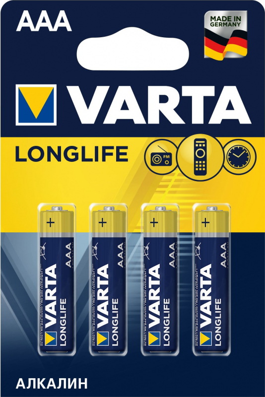 Батарея Varta Longlife, AAA (LR03/24А), 1.5V, 4шт. (04103113414)
