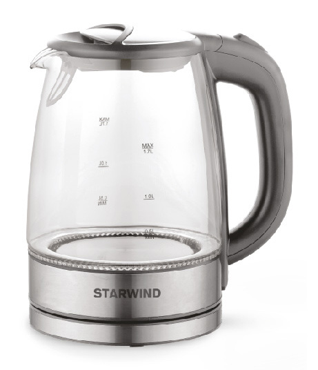 Чайник Starwind SKG2315 1.7л. 2200Вт, закрытая спираль, Стекло/нержавеющая сталь/пластик, серый/серебристый