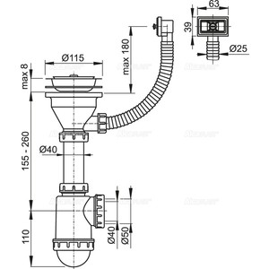 Сифон для кухонной мойки AlcaPlast с решеткой D115, c переливом (A447-DN50/40)