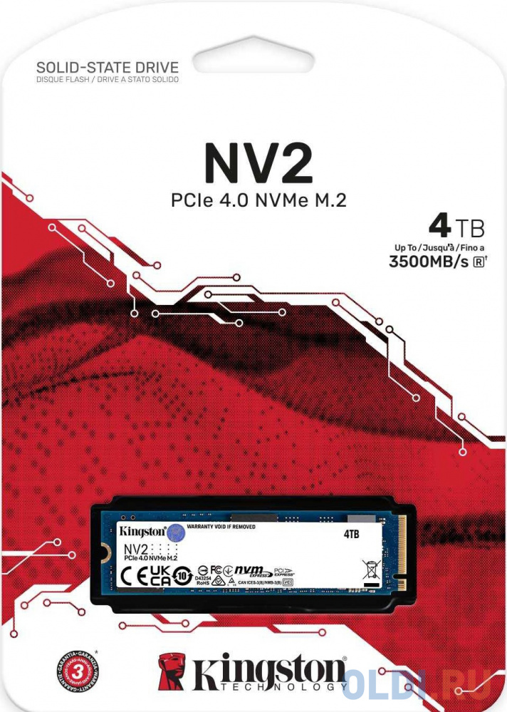 Твердотельный накопитель/ Kingston SSD NV2, 4000GB, M.2(22x80mm), NVMe, PCIe 4.0 x4, 3D TLC, R/W 3500/2800MB/s, TBW 1280, DWPD 0.3 (3 года)