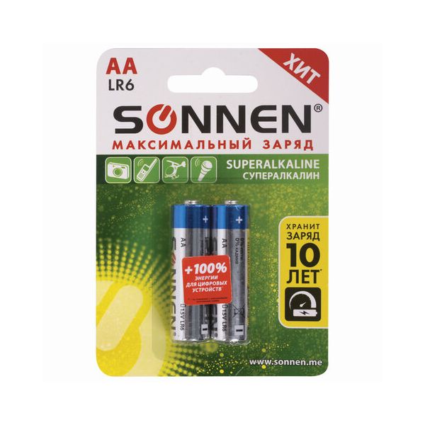 Батарейка SONNEN Super Alkaline, АА (LR06, 15А), алкалиновые, 2шт., в блистере, 451093 в Москвe