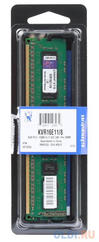 Оперативная память 8Gb PC3-12800 1600MHz DDR3 DIMM ECC Kingston KVR16E11/8, Bulk