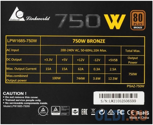 Блок питания LinkWorld ATX 750W LW-750B 80+ bronze 24+2x(4+4) pin APFC 120mm fan 5xSATA RTL