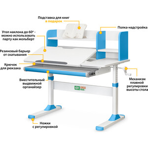 Комплект ErgoKids Парта Ergokids TH-330 Blue + кресло Y-507 KBL (TH-330 W/BL + Y-507 KBL) столешница белая, накладки на ножках голубые