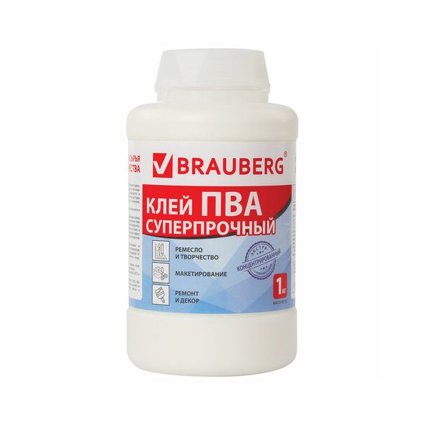 Клей ПВА BRAUBERG, 1 кг, суперпрочный (керамика, ткань, кожа, дерево, бумага, картон), 600984 в Москвe