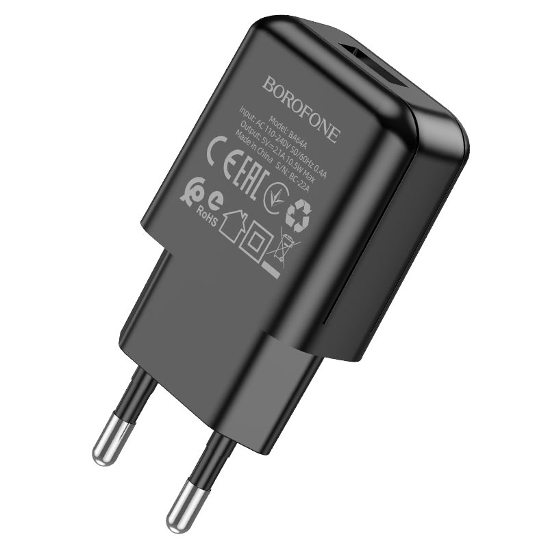 Сетевое зарядное устройство Borofone BA64A, USB, 2.1A, черный (213526)