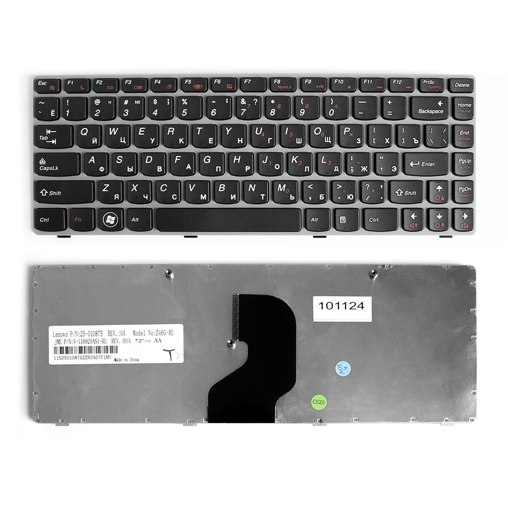 Клавиатура TopON для Lenovo IdeaPad Z450, Z460, Z460A Series, плоский Enter, черная, с серой рамкой (KB-101124)
