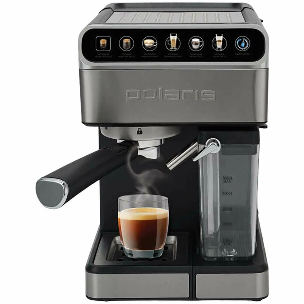 Кофеварка рожковая Polaris PCM 1540 WI-FI IQ Home, 1.4 кВт, кофе капсульный / молотый, 1.8 л, автоматический капучинатор, нержавеющая сталь (PCM1540)