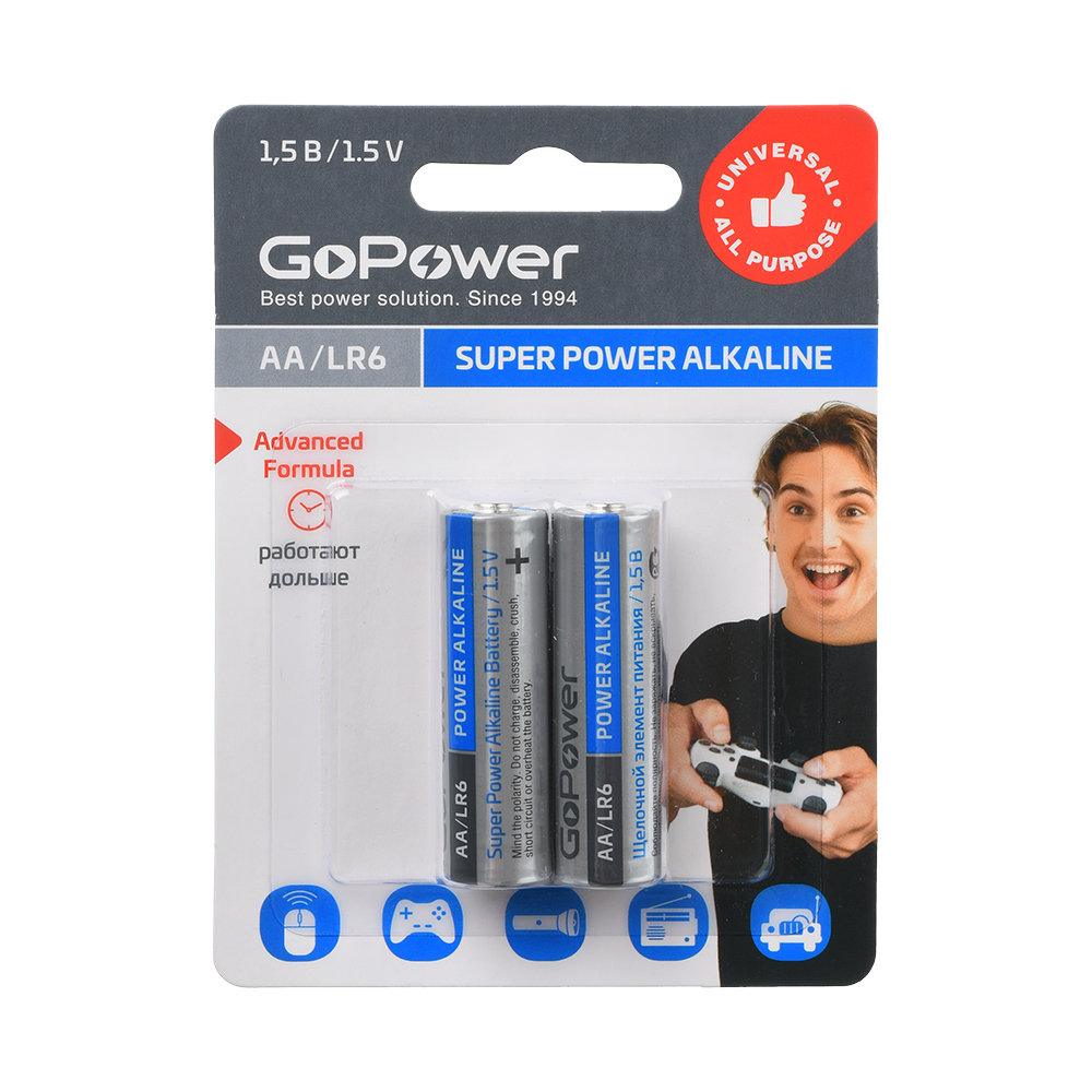 Батарейка GoPower LR6 AA BL2 Alkaline 1.5V (2/24/480) блистер (2 шт.) в Москвe