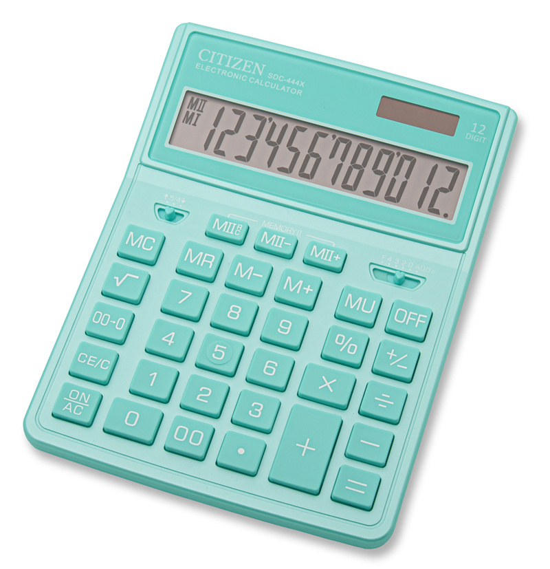 Калькулятор бухгалтерский Citizen SDC-444XRGNE, 12-разрядный, кол-во функций:2, однострочный экран, бирюзовый