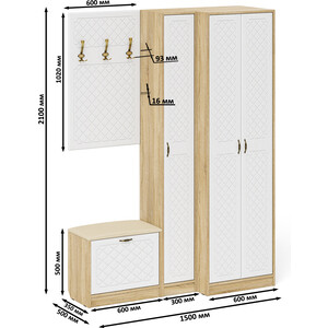Прихожая Мебельный двор П-6 Компоновка № 27, цвет дуб сонома/фасады МДФ белое дерево фрезеровка ромб (1025050) в Москвe