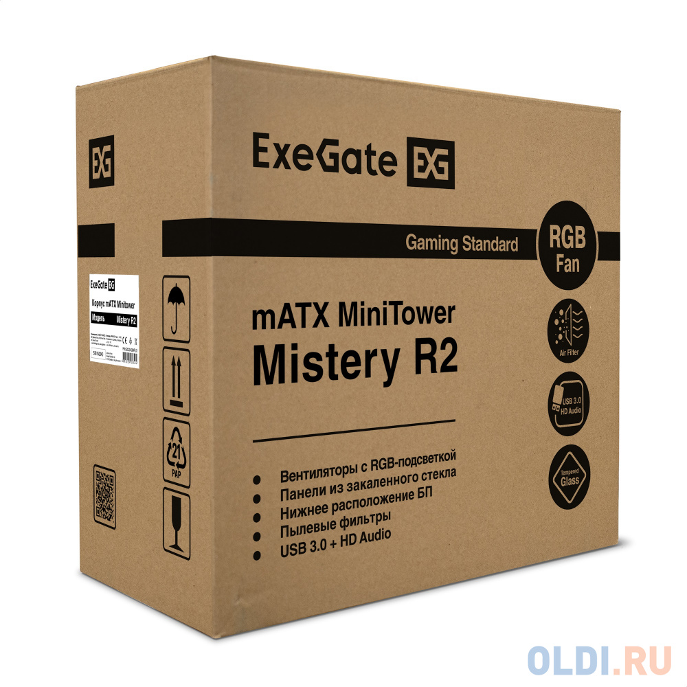 Корпус Minitower ExeGate Mistery R2-NPX400 (mATX, БП 400NPX с вент. 12 см, 2*USB+1*USB3.0, аудио, черный, 1 вент. 12см с RGB подсветкой и полоса на пе