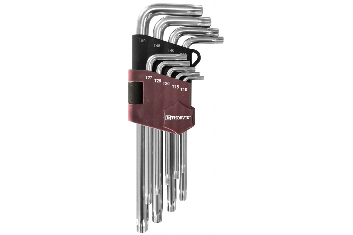 Набор имбусовых ключей TORX с центрированным штифм, предметов в наборе: 9шт., S2 сталь, ключи: имбусовые - 9шт., пластиковый держатель, Thorvik TTK9S (53150)