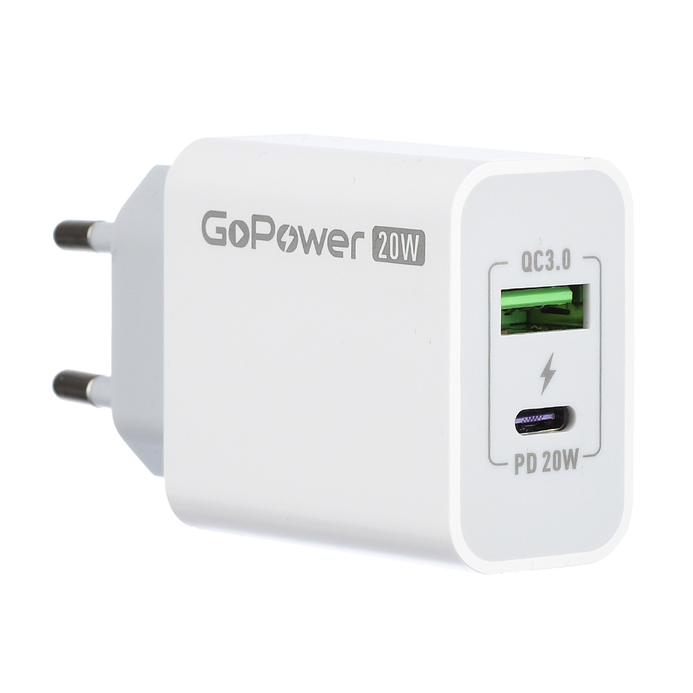 Сетевое зарядное устройство GoPower GPQC08 20 Вт, USB, EU, USB type-C, Quick Charge, PD, белый (00-00028401)