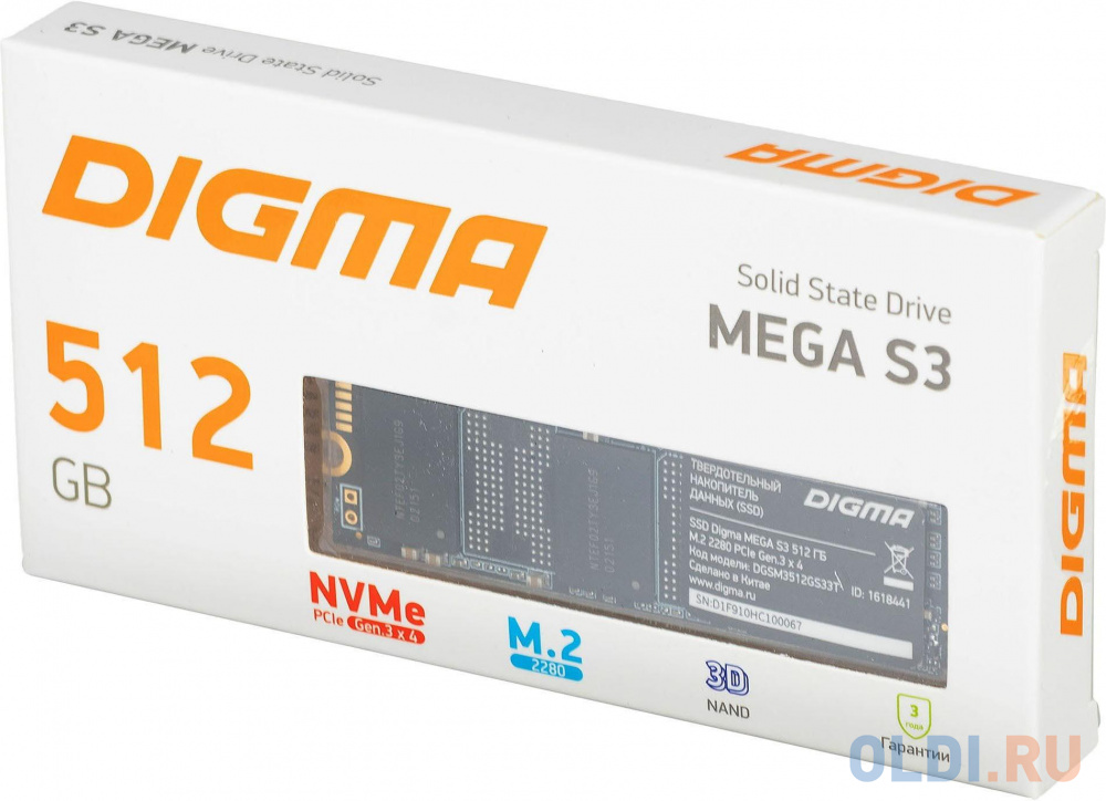 Накопитель SSD Digma PCI-E x4 512Gb DGSM3512GS33T MEGA S3 M.2 2280