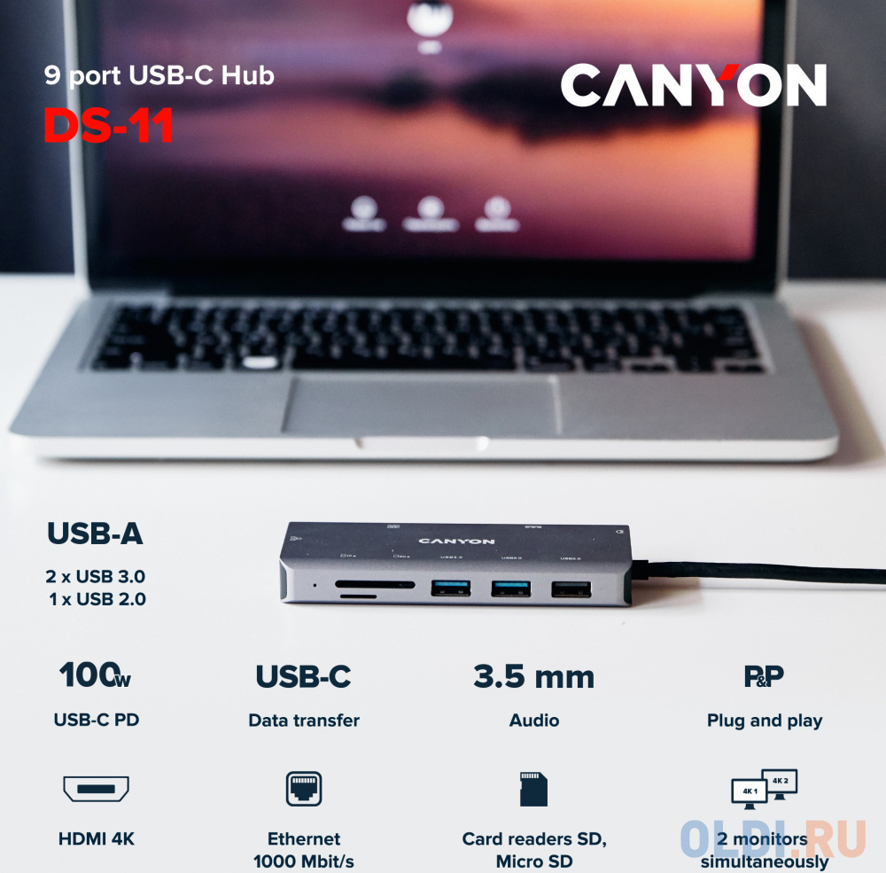 Концентратор USB Type-C Canyon CNS-TDS11 1 х USB 2.0 2 х USB 3.0 USB Type-C RJ-45 HDMI microSD 3.5мм miniJack серый в Москвe