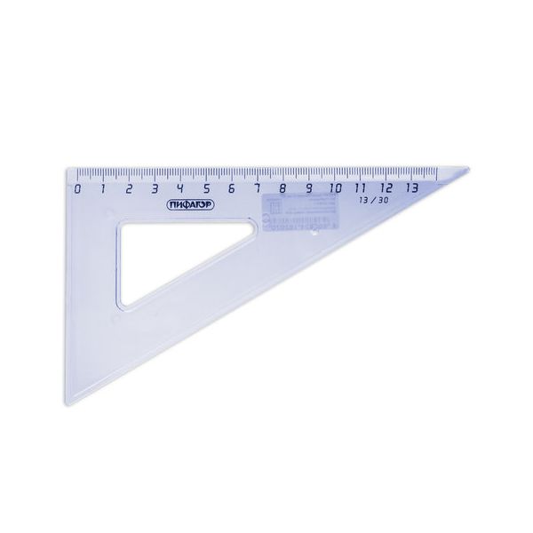 Треугольник пластиковый, угол 30, 13 см, ПИФАГОР, тонированный, прозрачный, голубой, 210617, (48 шт.)