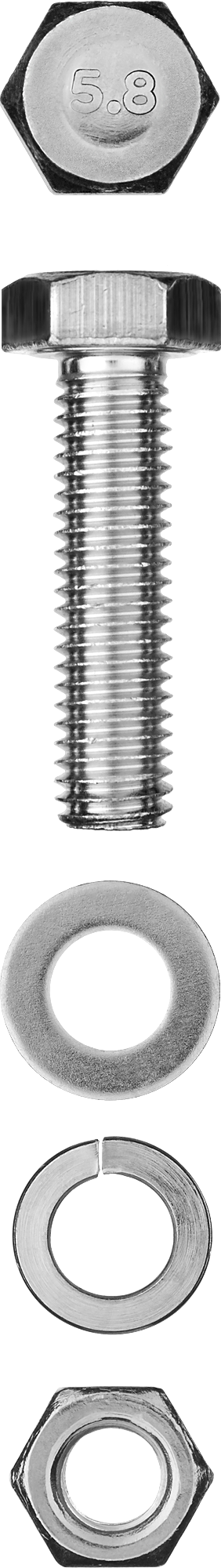 Болт (DIN933) с шестигранной головкой в комплекте с гайкой (DIN934), шайбой (DIN125), шайбой пруж. (DIN127) Зубр 303436-10-030, М10, 3 см, 933 DIN, 1 см, оцинкованная сталь, 3 шт., фасовка (303436-10-030)
