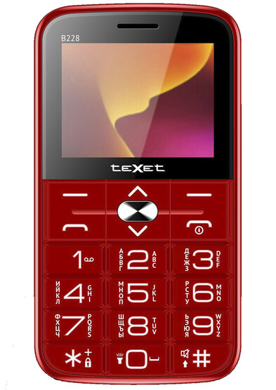 Мобильный телефон teXet TM-B228, 2.4" 320x240 TN, 32Mb RAM, 32Mb, BT, 1xCam, 2-Sim, 1450 мА·ч, micro-USB, красный (TM-B228)