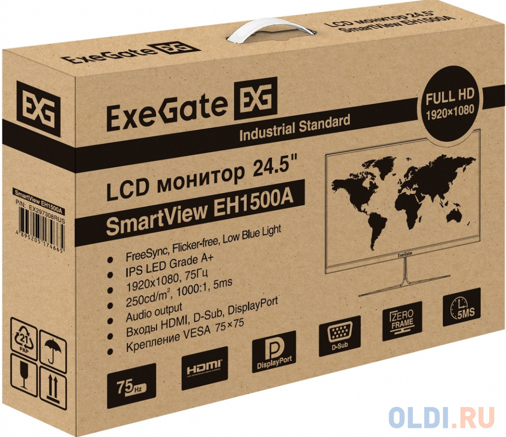 LCD ExeGate 24.5" EH1500A SmartView черный {IPS 1920x1080 75Hz 5ms 250cd 1000:1 178/178 D-Sub HDMI DisplayPort} [EX297308RUS] в Москвe