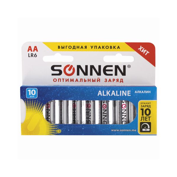 Батарейка SONNEN Alkaline, АА (LR06, 15А), алкалиновые, 10шт., в коробке, 451086