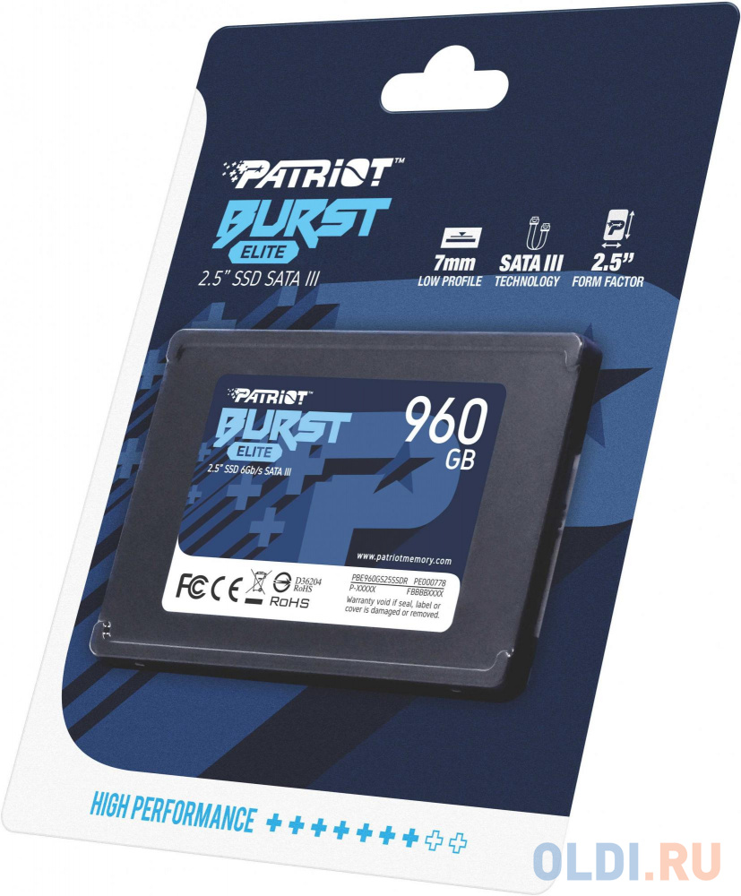 Твердотельный накопитель SSD 2.5" Patriot 960GB Burst Elite <PBE960GS25SSDR> (SATA3, up to 450/320Mbs, 800TBW, 7mm)