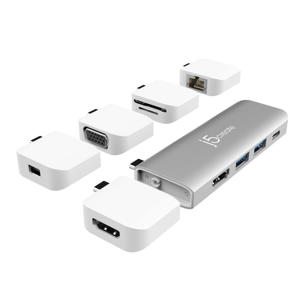 Док-станция j5create ULTRADRIVE Kit USB-C для Apple MacBook, 2xUSB-A 3.1 / 2xUSB 3.1-C / 2xHDMI / VGA / LAN / SD/SDHC/SDXC, серебристый/белый (JCD389)
