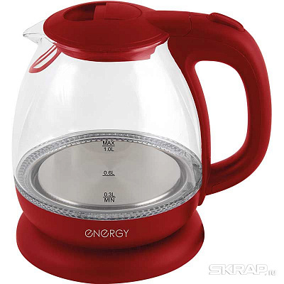 Чайник ENERGY E-296 1л. 1100Вт, скрытый нагревательный элемент, пластик/стекло, красный (005216)