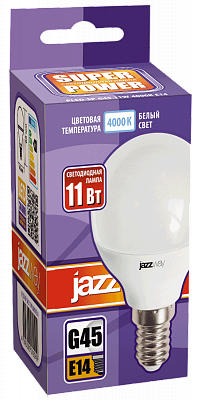 Лампа светодиодная E14 шар/G45, 11Вт, 4000K / белый, 980лм, Jazzway PLED-SP G45 11w E14 4000K POWER (5019270)