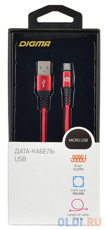 Кабель microUSB 1.2м Digma 1080371 круглый красный