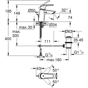 Смеситель для раковины Grohe Eurosmart с донным клапаном, хром (23965003) в Москвe