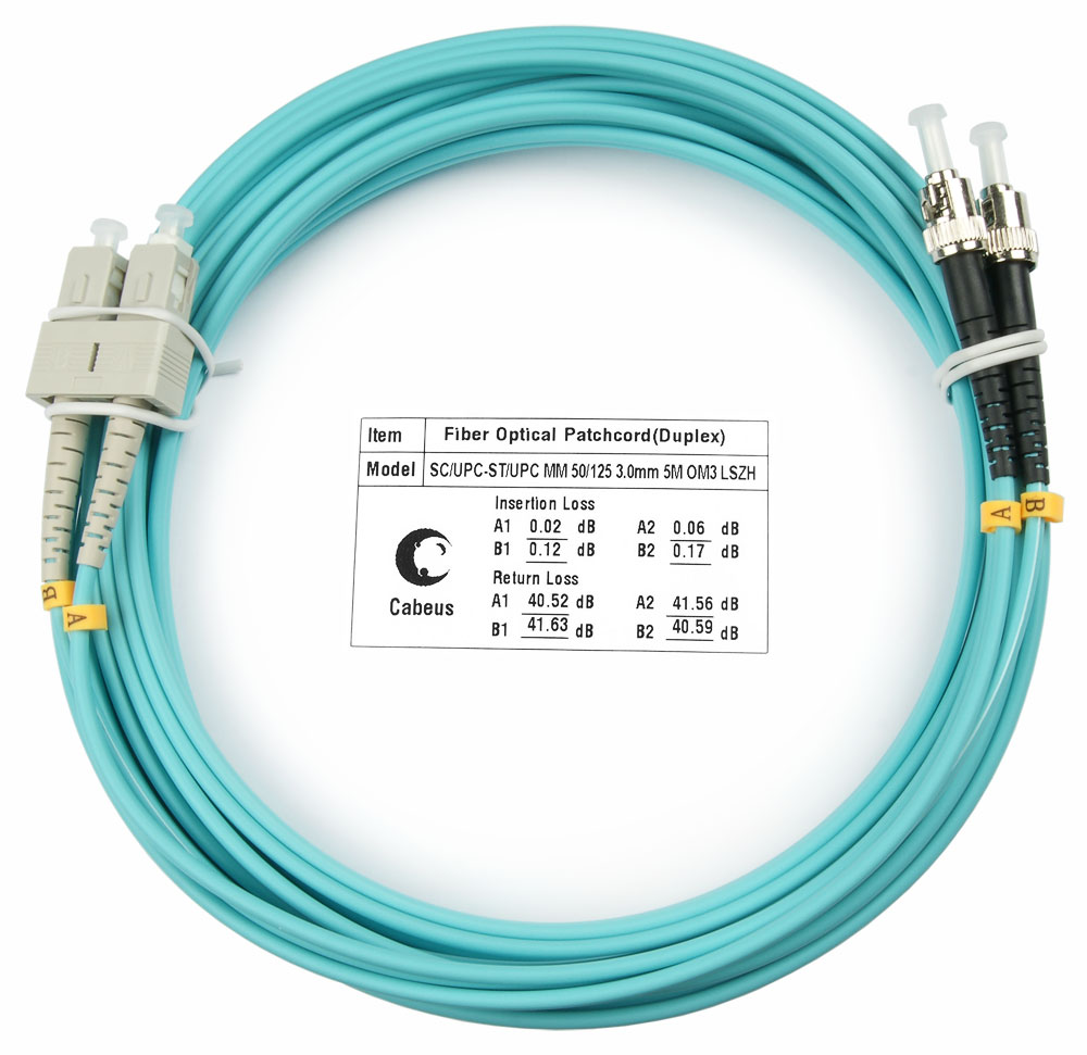 Патч-корд оптический Cabeus, SC/UPC-ST/UPC, многомодовый, 50/125, OM3, двойной, 15 м, LSZH, бирюзовый (FOP-50-SC-ST-15m)