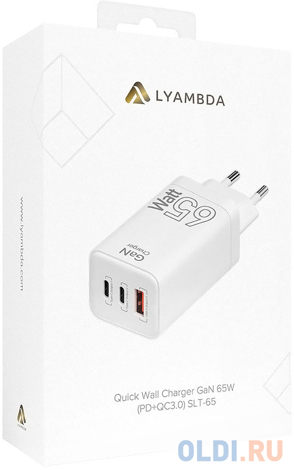 Cетевое зарядное устройство Lyambda 65Вт GaN c 3-мя выходами (PD65Вт+PD65Вт+QC3.0) SLT-65