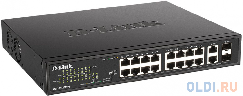 Коммутатор D-Link DES-1018MPV2 16x100Mb 2G 16PoE+ 247W неуправляемый