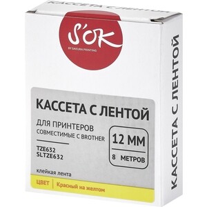 Кассета с лентой S'OK TZE632 для Brother, красный на желтом, 12мм/8м