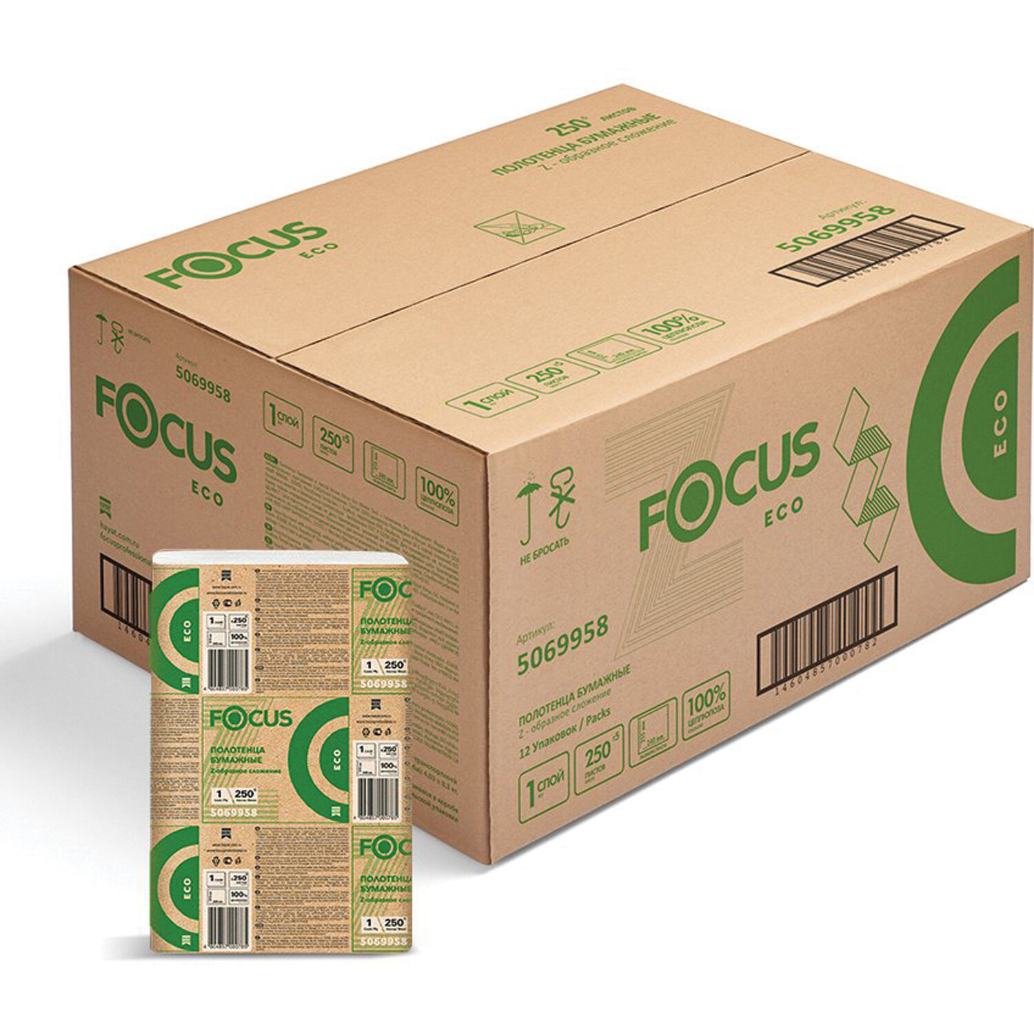 Полотенца бумажные Focus Eco, слоев: 1, листов 250 шт., белый, 12 шт. (5069958/5044994)
